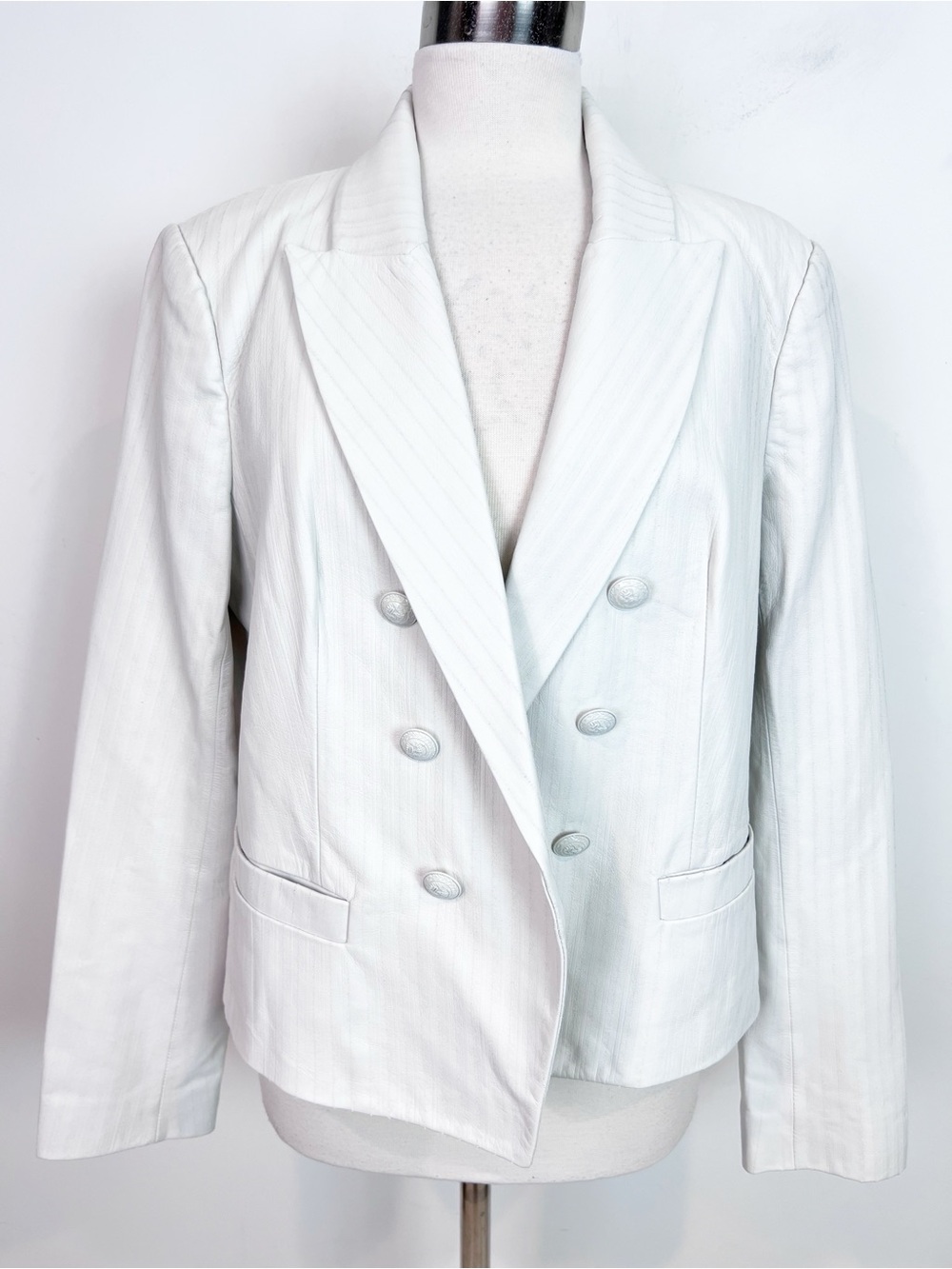 L’AGENCE WHITE TONAL STRIPE LEATHER BLAZER JACKET WOMENS SZ 12